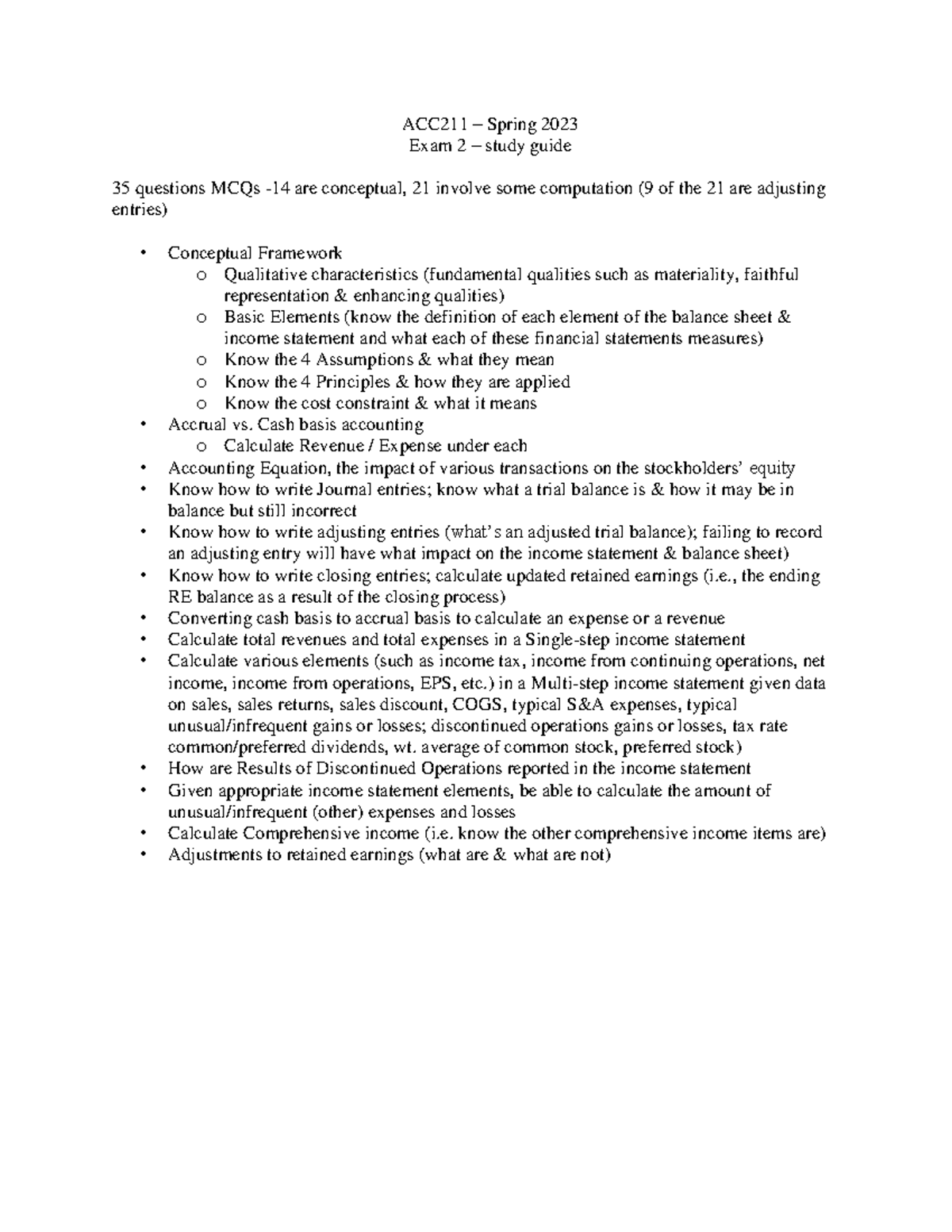Exam 2 study guide-1 - ACC211 – Spring 2023 Exam 2 – study guide 35 ...