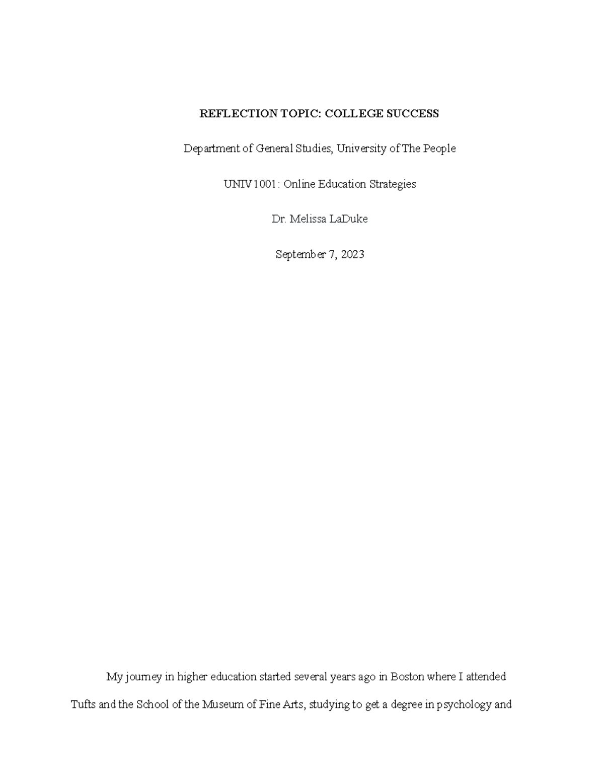 Lindsey Orlando UNIV1001 College Success - REFLECTION TOPIC: COLLEGE ...