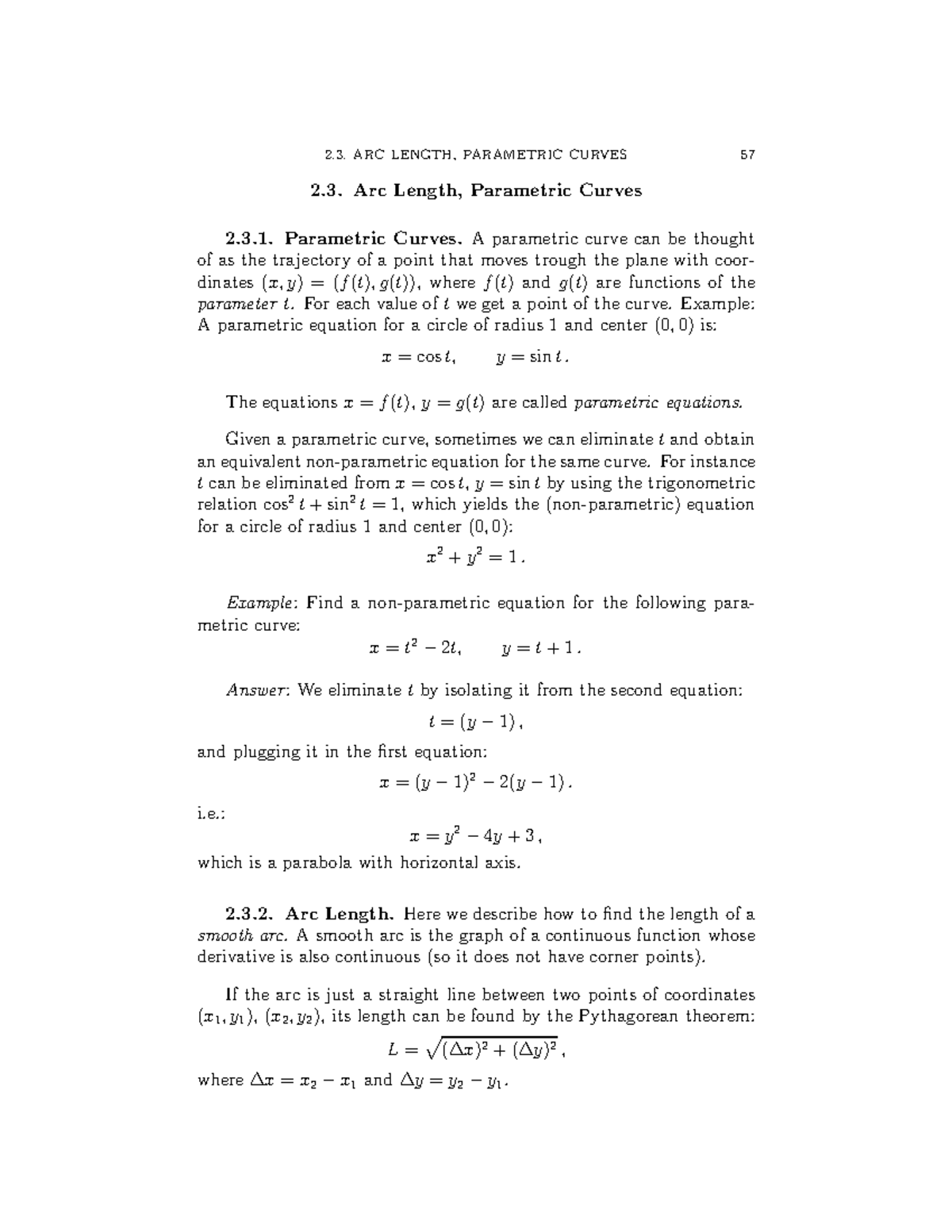 Calc 2 - Calc 2 notes - Arc Length, Parametric Curves 2.3. Parametric ...