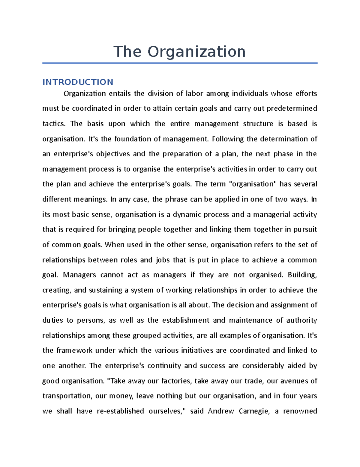 Brief Note on The Organisation - The Organization INTRODUCTION ...
