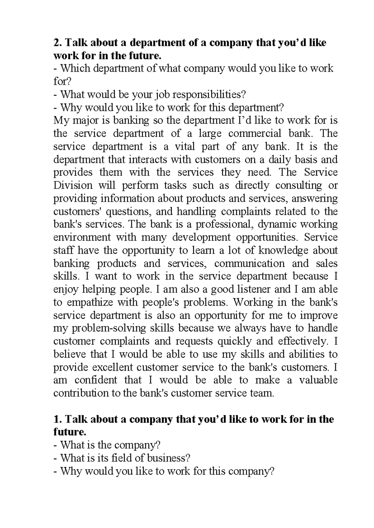 Speaking E.L Talk about a department of a company that you’d like