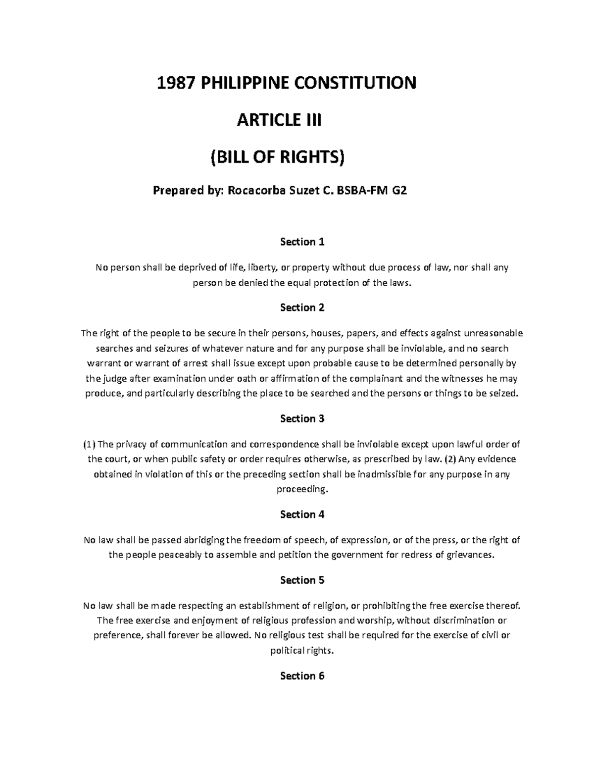 UTS BILL OF Rights - ndhsfeuwjaikzl - 1987 PHILIPPINE CONSTITUTION ...