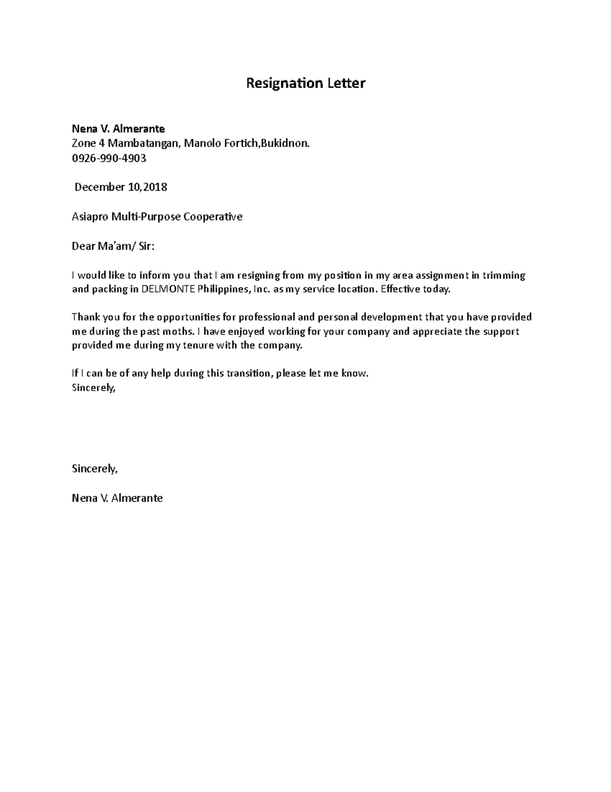 Document - For reference - Resignation Letter Nena V. Almerante Zone 4 ...