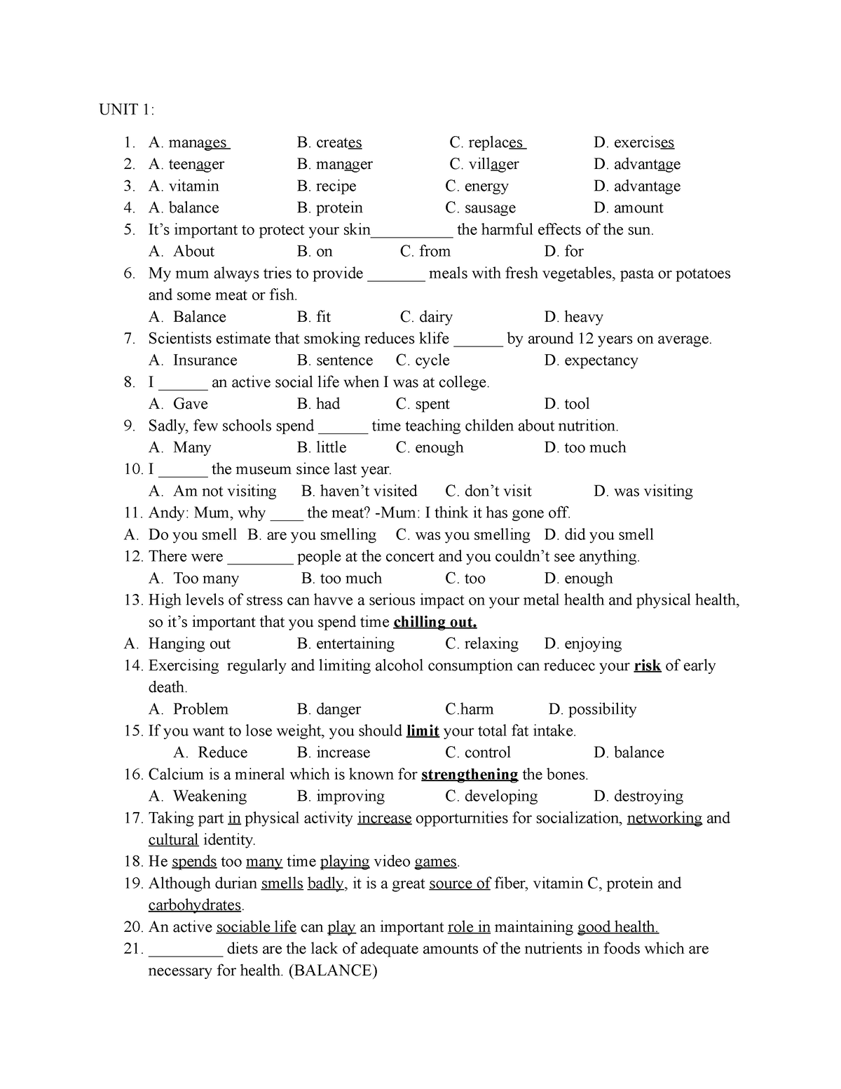 UNIT 1 - For Grade 11 - UNIT 1: A. Manages B. Creates C. Replaces D ...