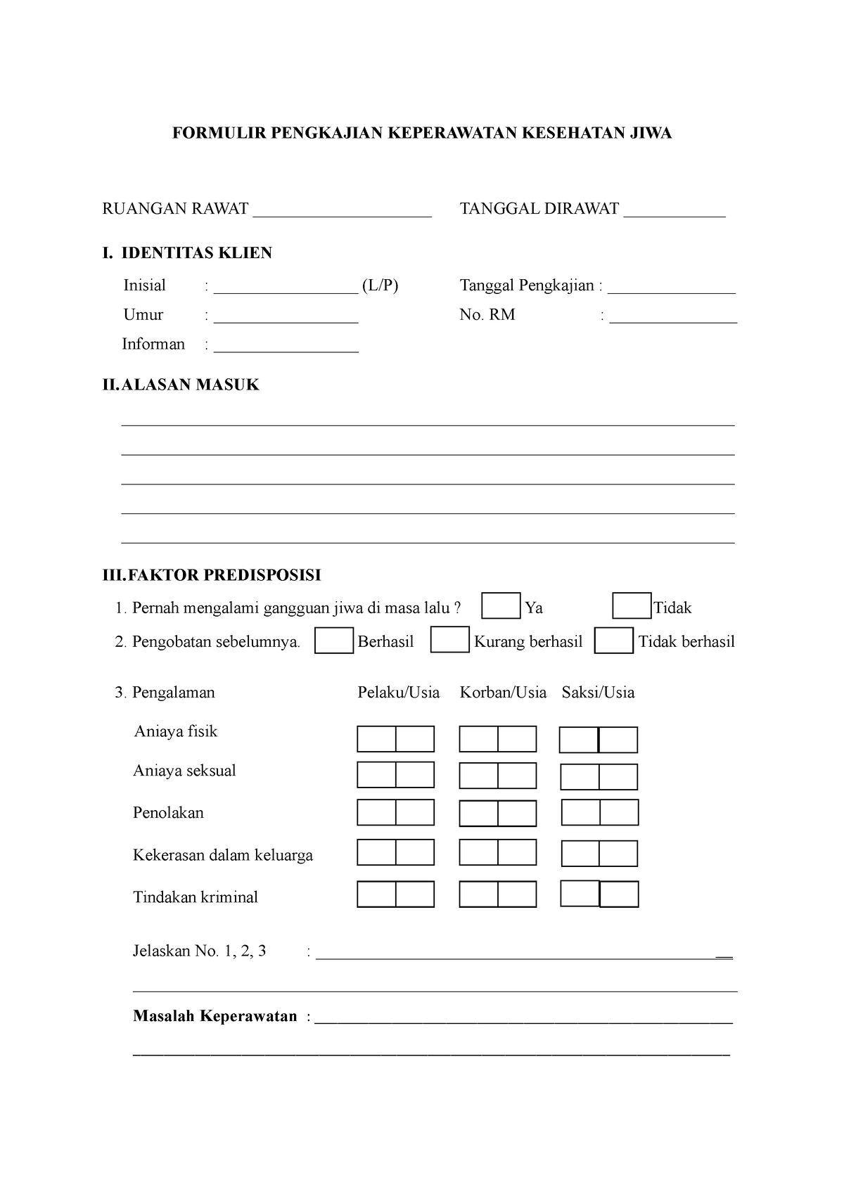 Format Pengkajian Keperawatan Jiwa - FORMULIR PENGKAJIAN KEPERAWATAN ...