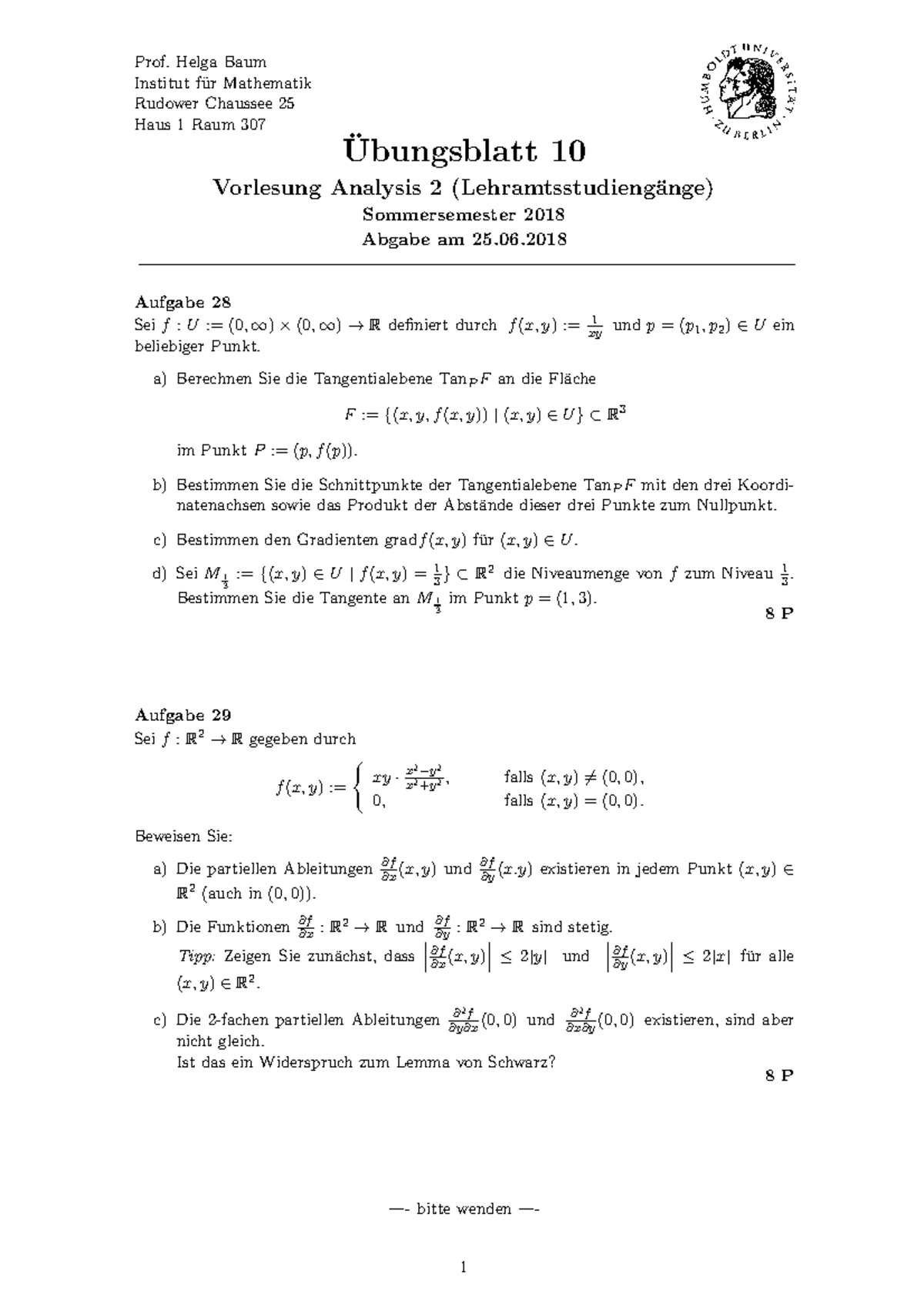 UA Ana II SS18 10 - Übungsplatz Zur Analysis 2 - Prof. Helga Baum ...