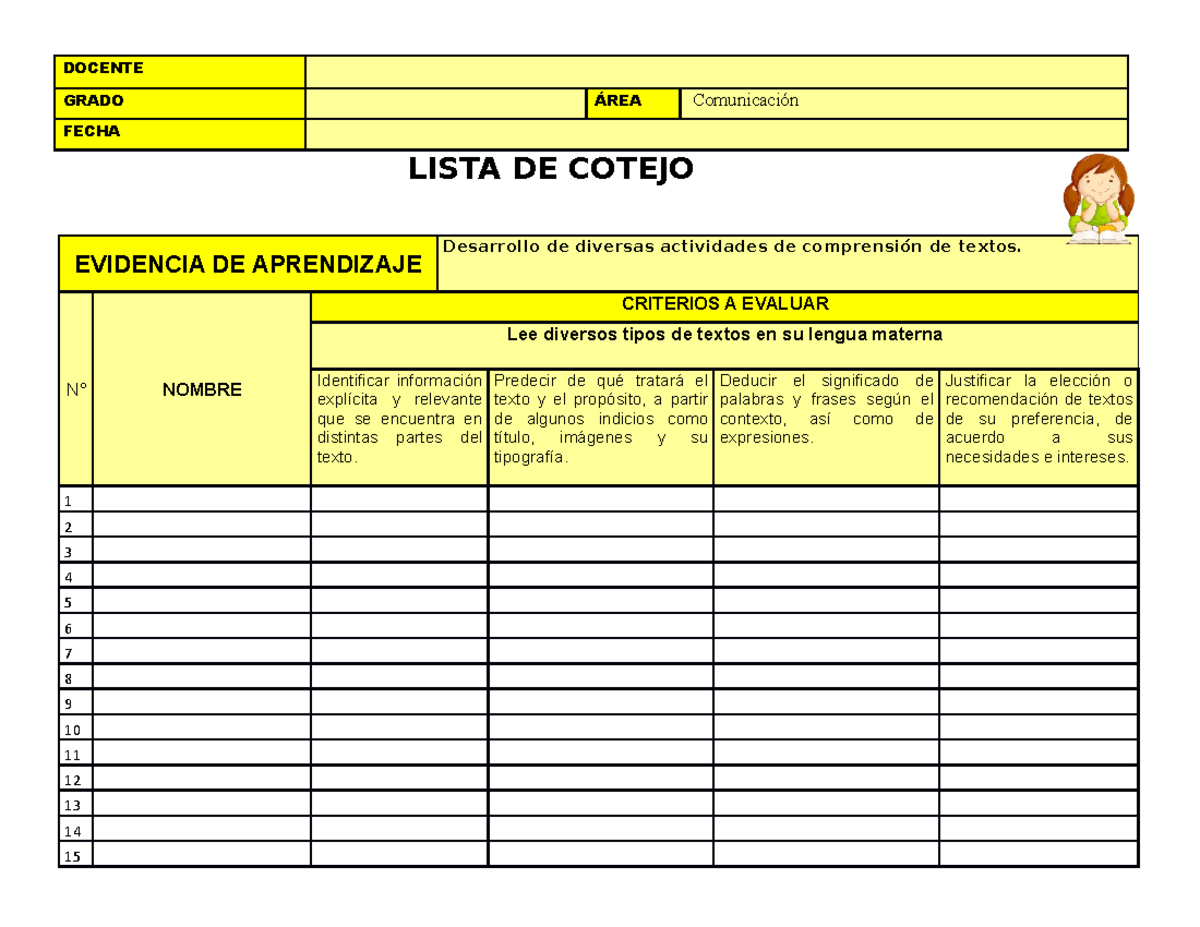 DIA5.Lista De Cotejo Leemos Juntos - DOCENTE GRADO ÁREA Comunicación ...