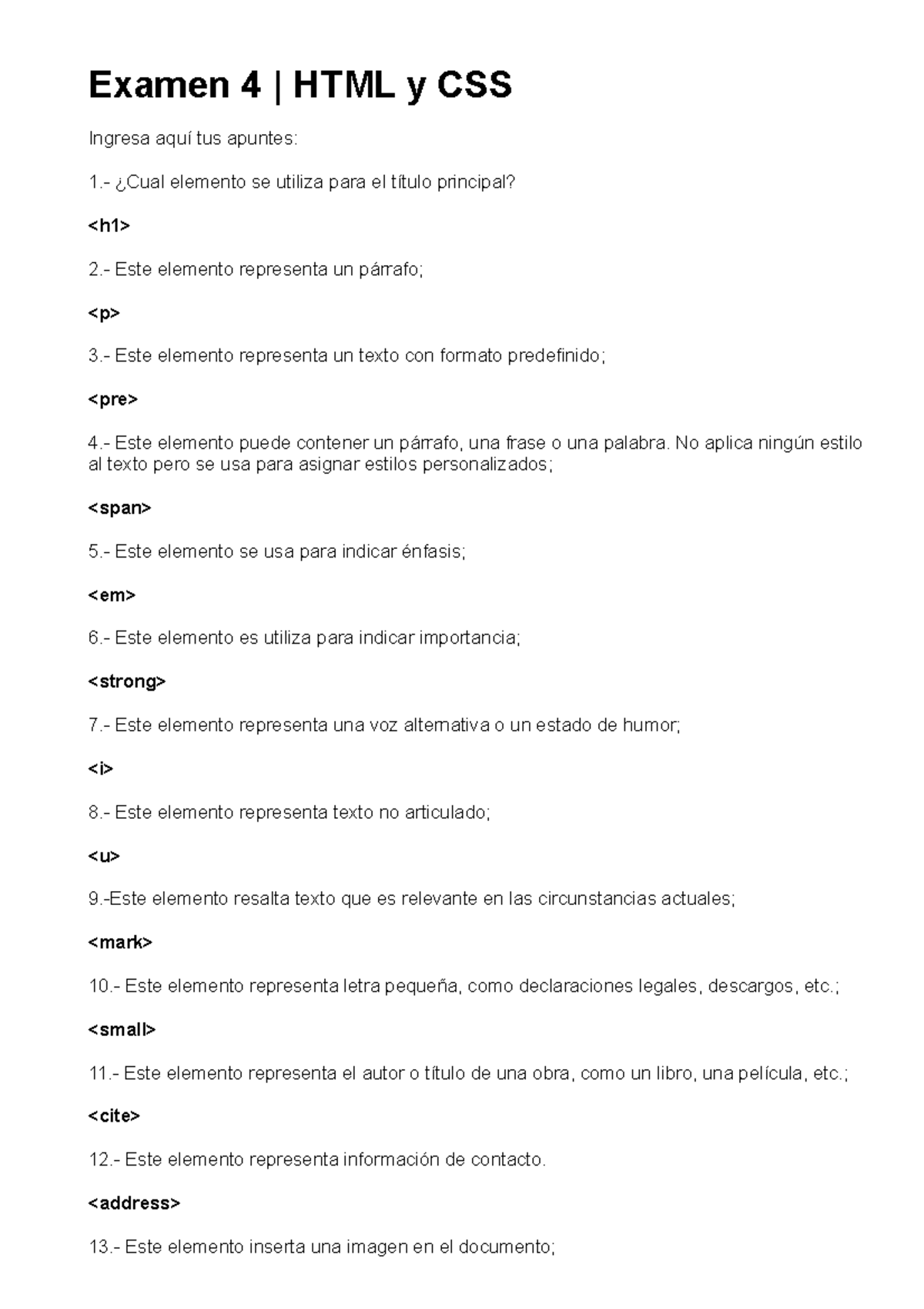 Examen 4 html y css - Examen 4 | HTML y CSS Ingresa aquí tus apuntes: 1 ...