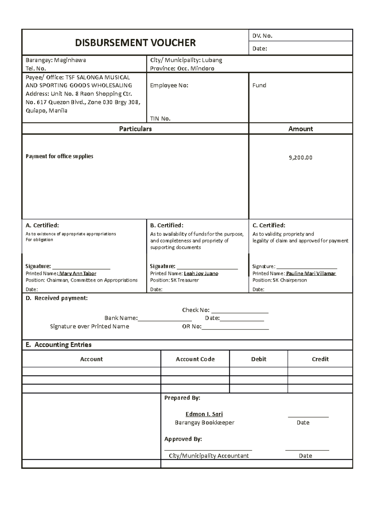 TSF Salonga Musical AND Sporting Goods Wholesaling (mic) - DISBURSEMENT ...