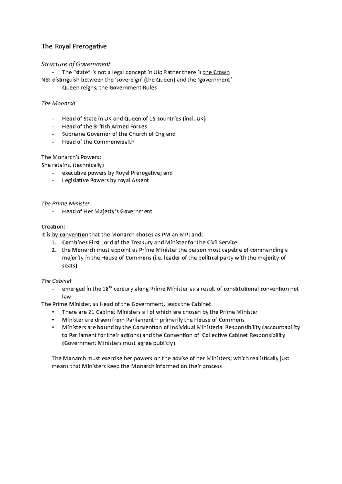 (7) Royal Prerogative - Lecture notes 16-17 - The Royal Prerogative ...