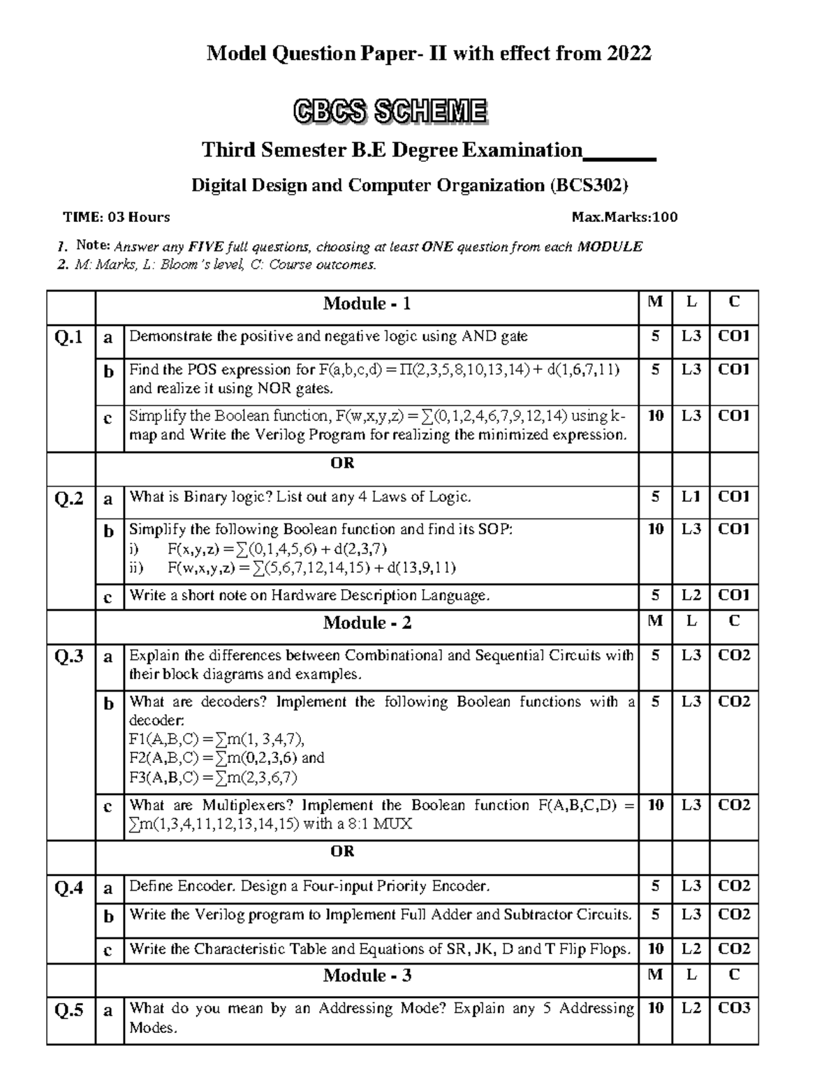 BCS302 Set2 - Model question paper - Model Question Paper- II with ...