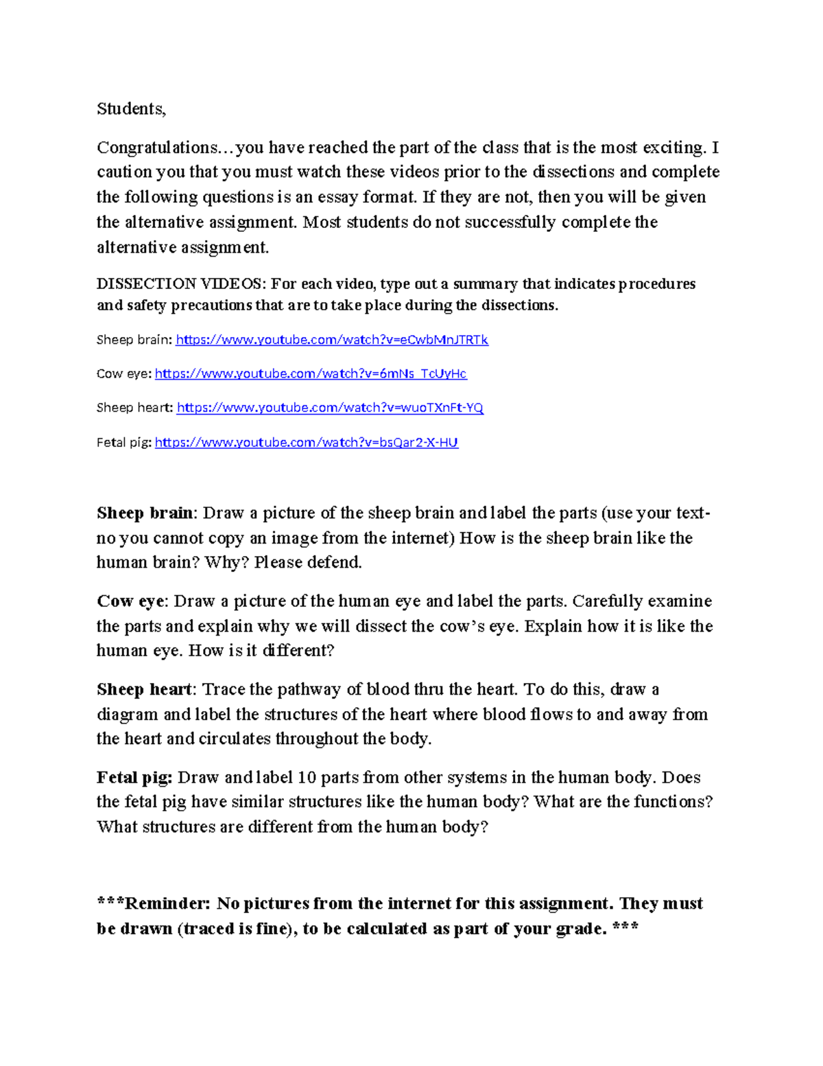Dissection Assignment - Students, Congratulations.. have reached the ...