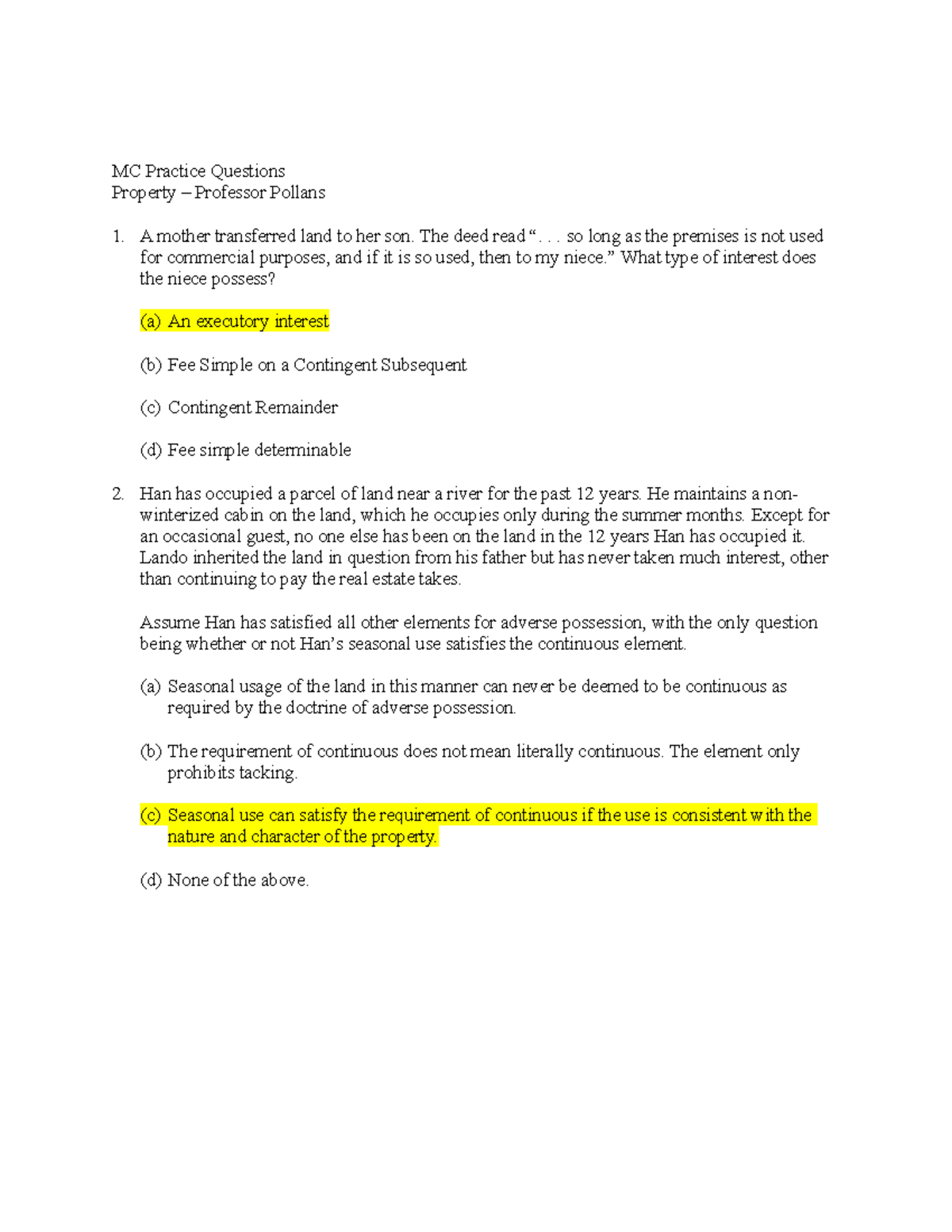 Property Practice Questions - MC Practice Questions Property ...