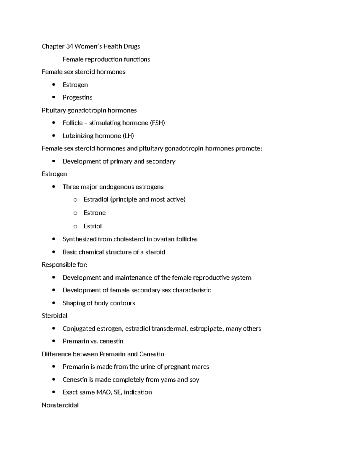 Quiz 9 Notes Chapter 34 Women’s Health Drugs Female reproduction