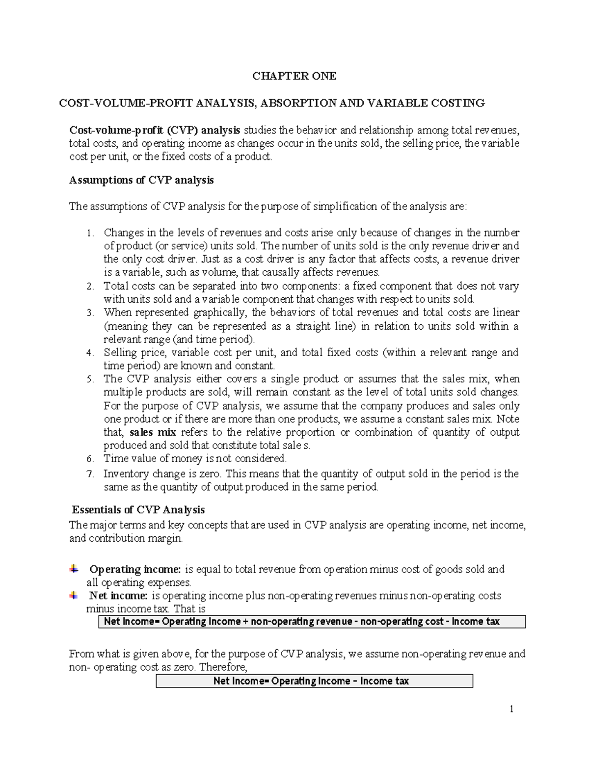 Cost Ii Chapter On1 Cost Accounting Ii Chapter One Cost Volume Profit Analysis Absorption Cost Ii Chapter On1 Cost Accounting Ii Chapter One Cost Volume Profit Analysis Absorption