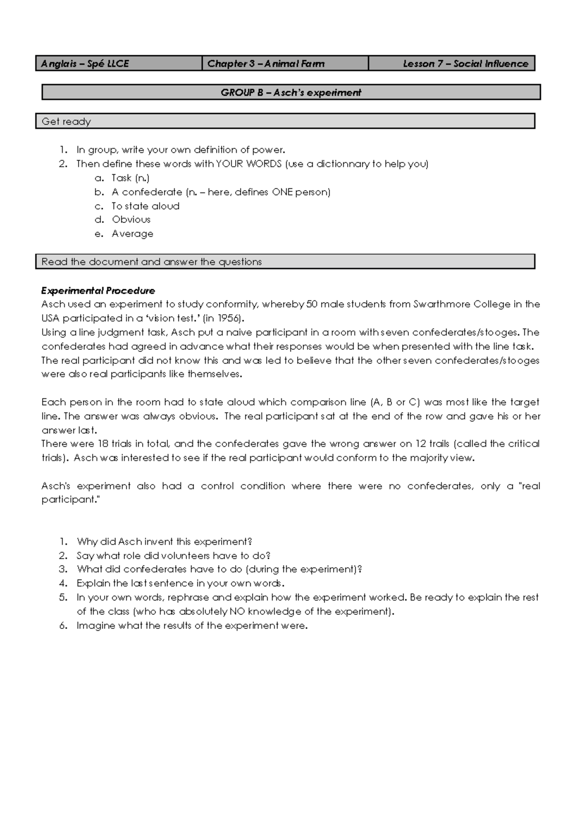 Asch Experiment - Worsksheet élèves - Anglais – Spé LLCE Chapter 3 ...