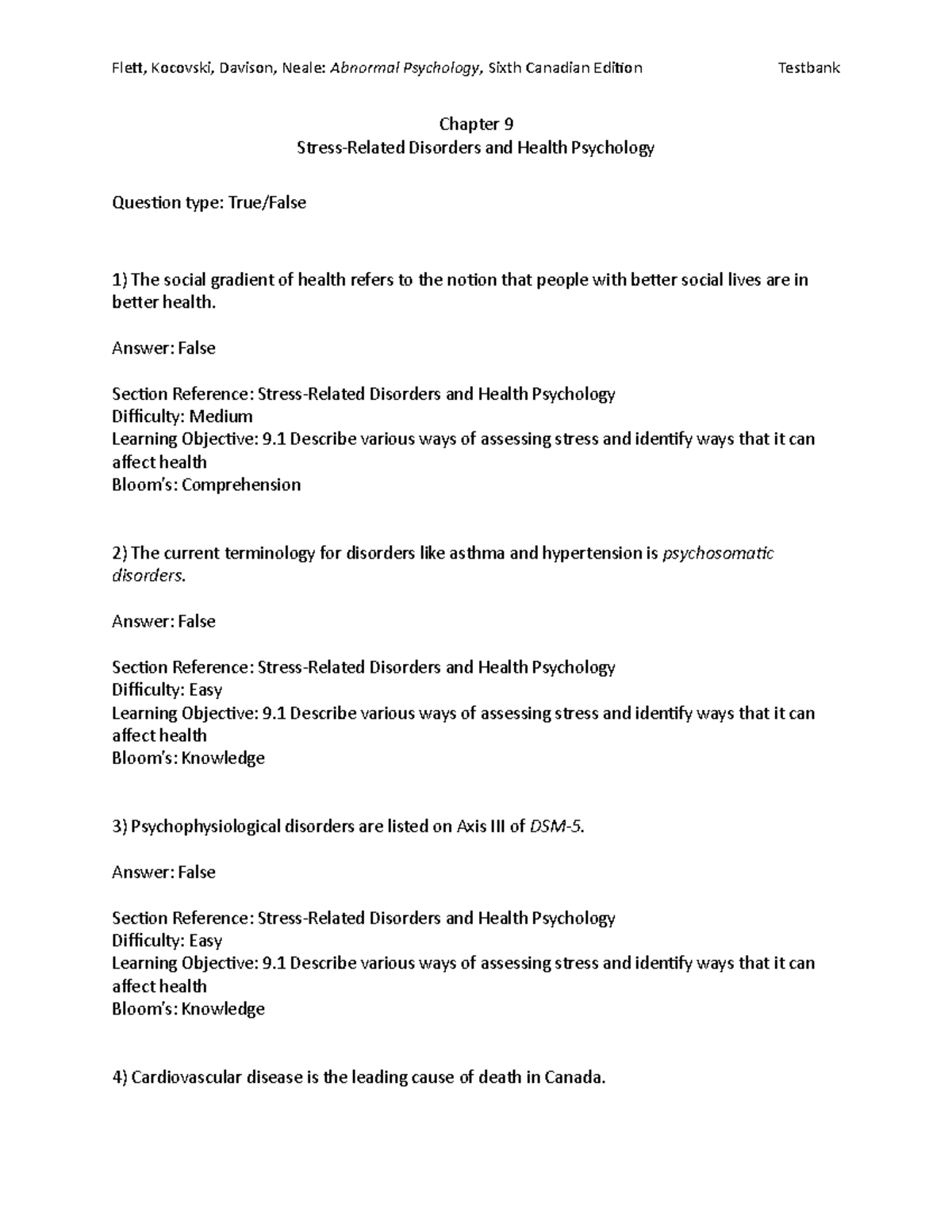 Abnormal Psych 10 - ConU practice test - Chapter 9 Stress-Related ...