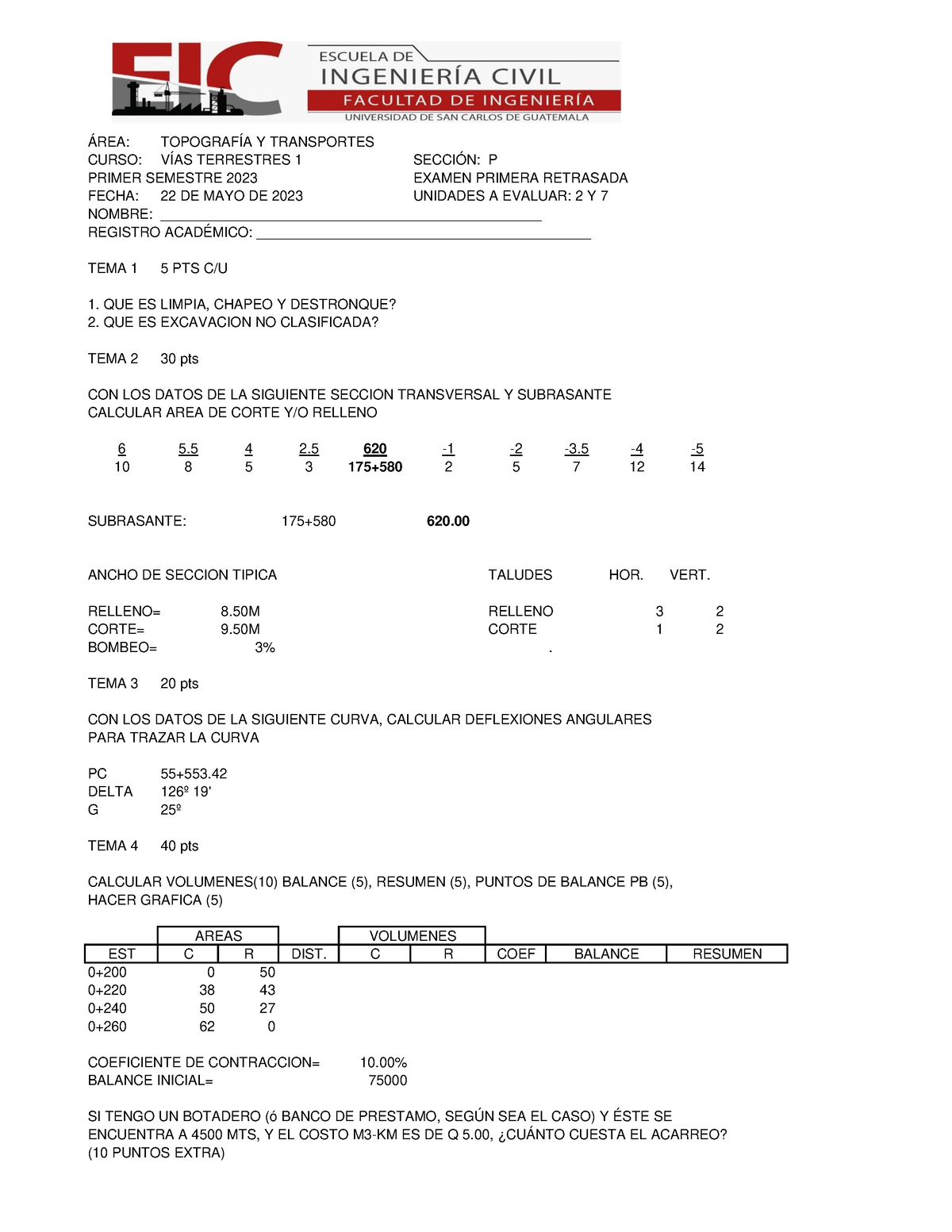 Examen Primera Retrasada VT1-1-23-P - ÁREA: TOPOGRAFÍA Y TRANSPORTES ...