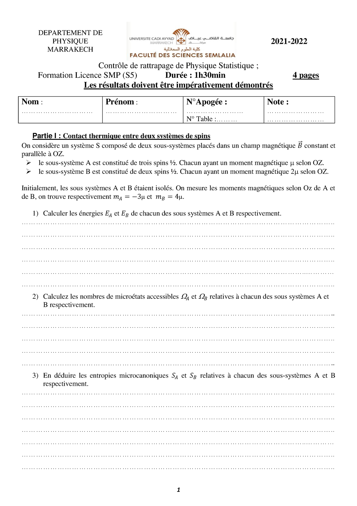 Controle Rattrapage 2022 - DEPARTEMENT DE PHYSIQUE MARRAKECH 2021 ...