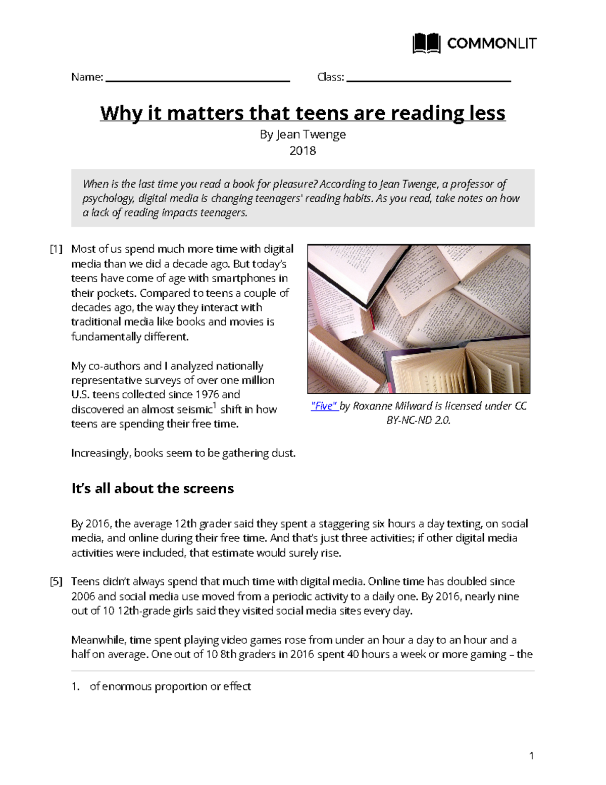 Why it matters that teens are reading less article name class five