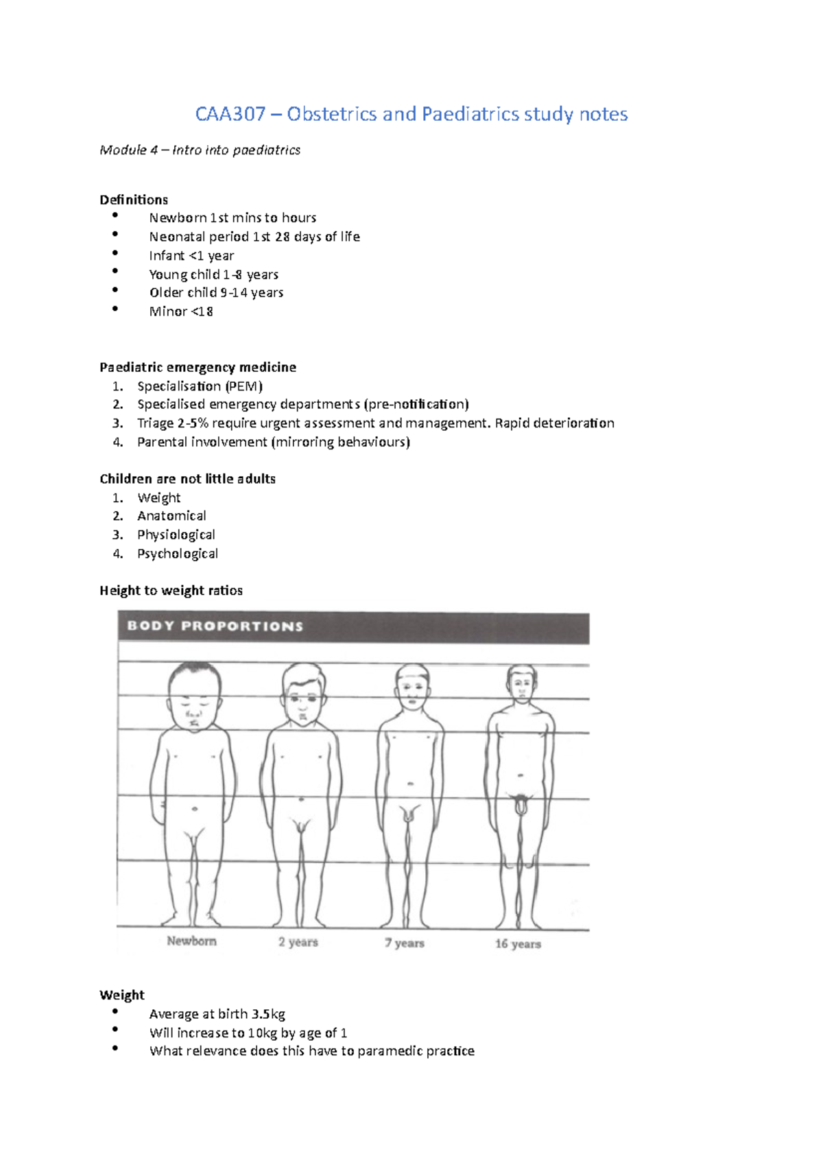 Paeds- Study-notes - Lecture notes 1-10 - CAA307 – Obstetrics and ...