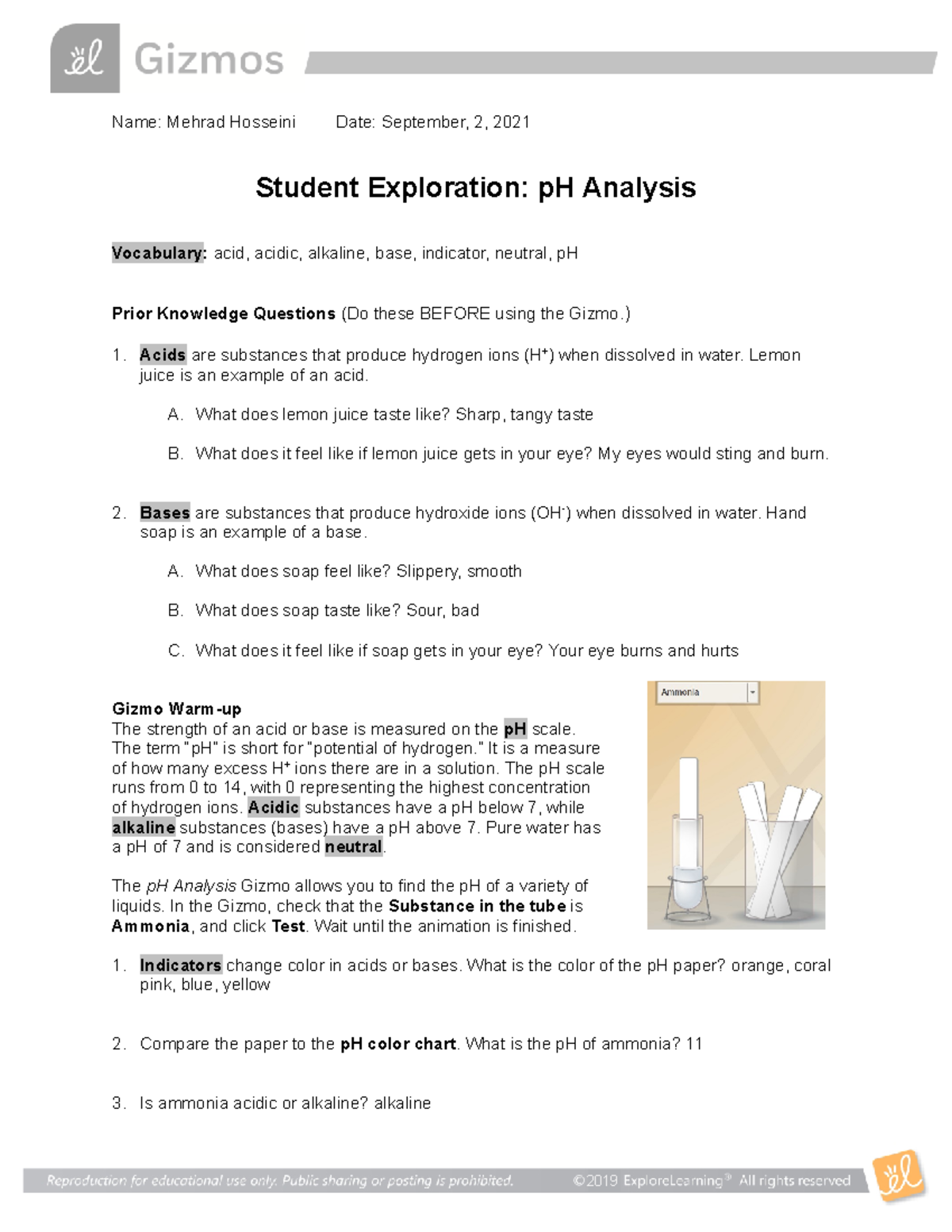 Gizmo p H Analysis - 2019 Name: Mehrad Hosseini Date: September, 2 ...