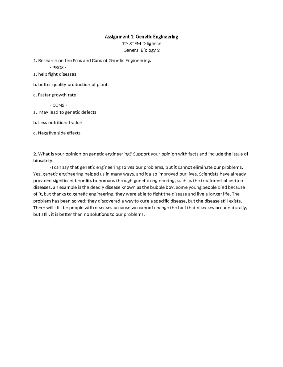 Assignment 1- Gen Bio - Biotechnology - Assignment 1: Genetic ...