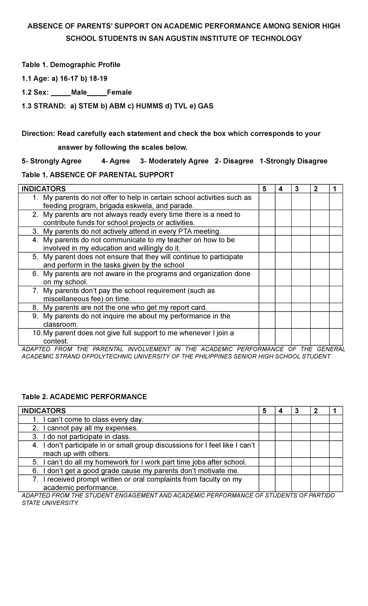 Questionnaire-PR - Questioners for your practical research - ABSENCE OF ...