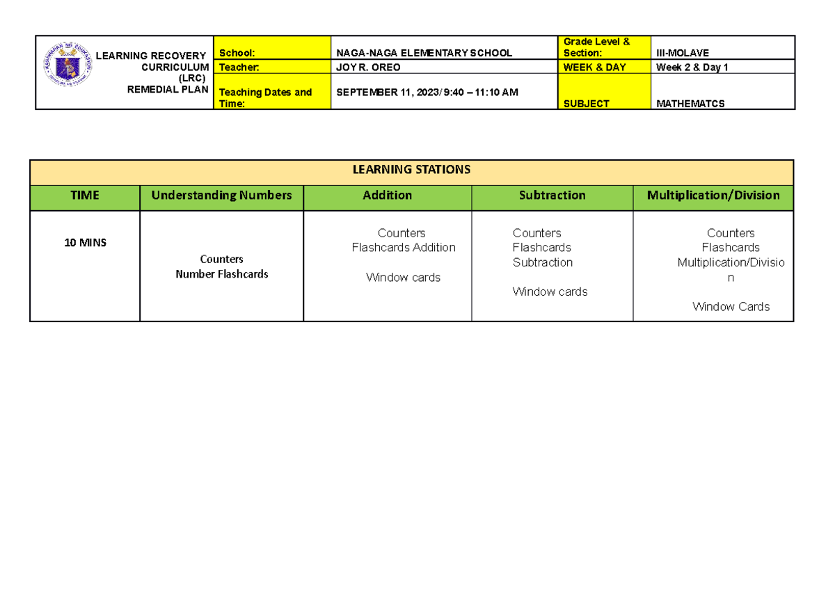 Remedial PLAN IN Mathematics DAY 1 WEEK 1 - LEARNING RECOVERY ...