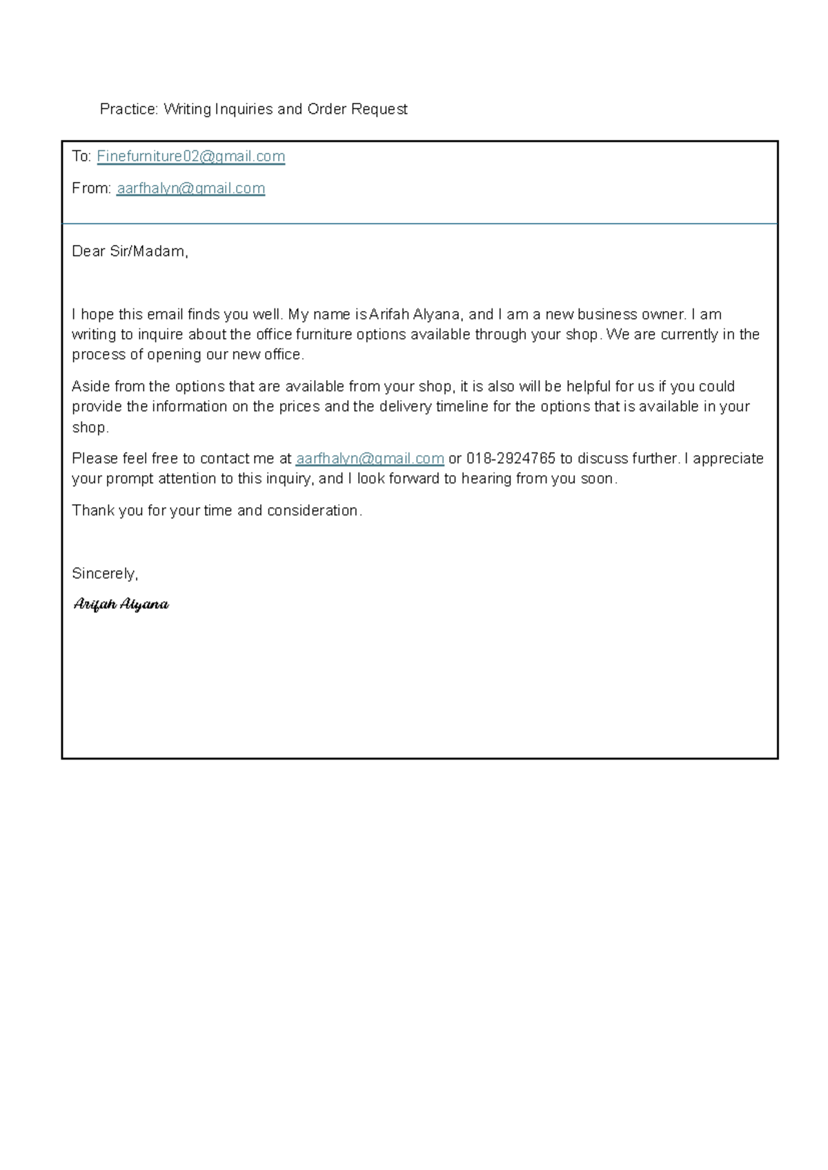 Practice- Writing Inquiries and Order Request - My name is Arifah ...