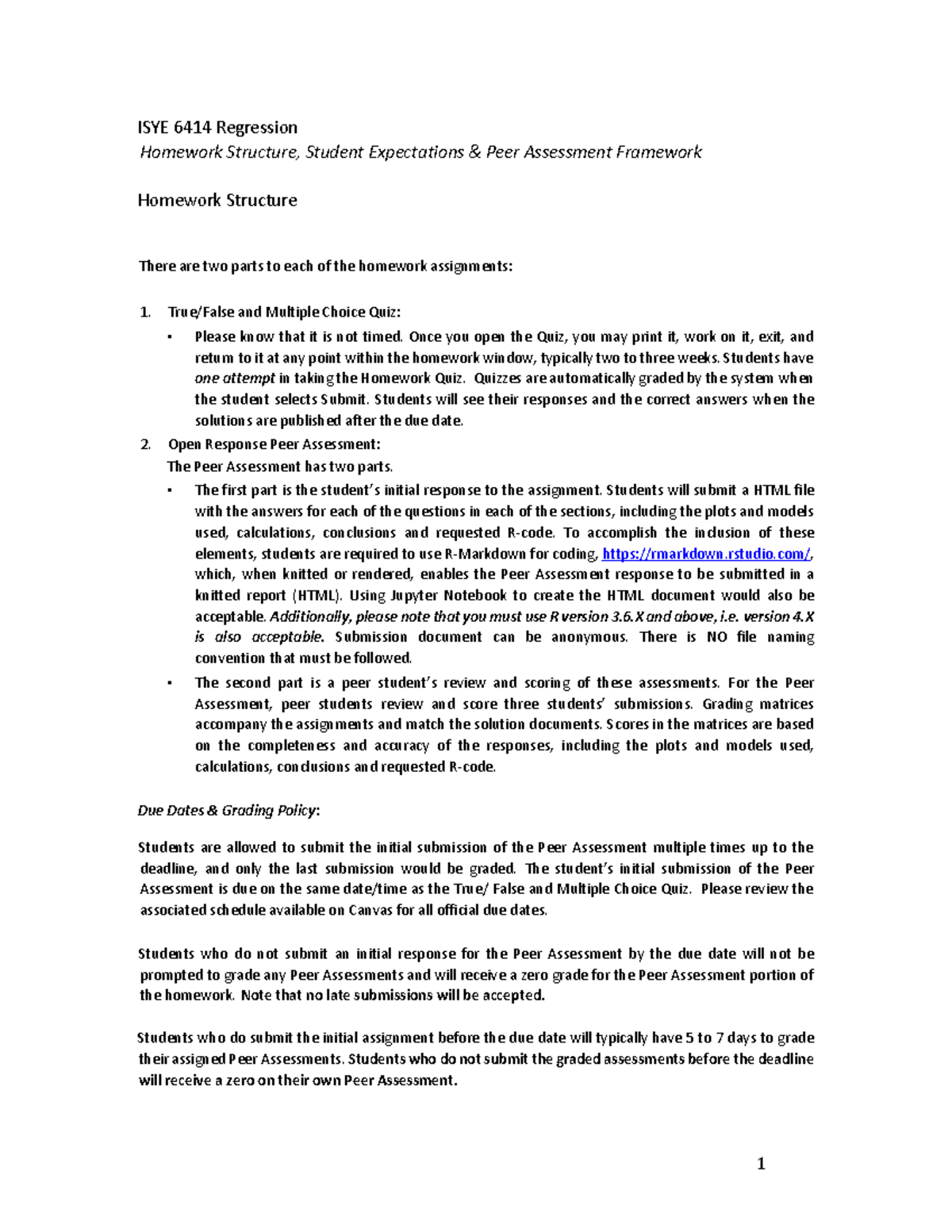 Course Structure Expectations - 1 ISYE 6414 Regression Homework ...