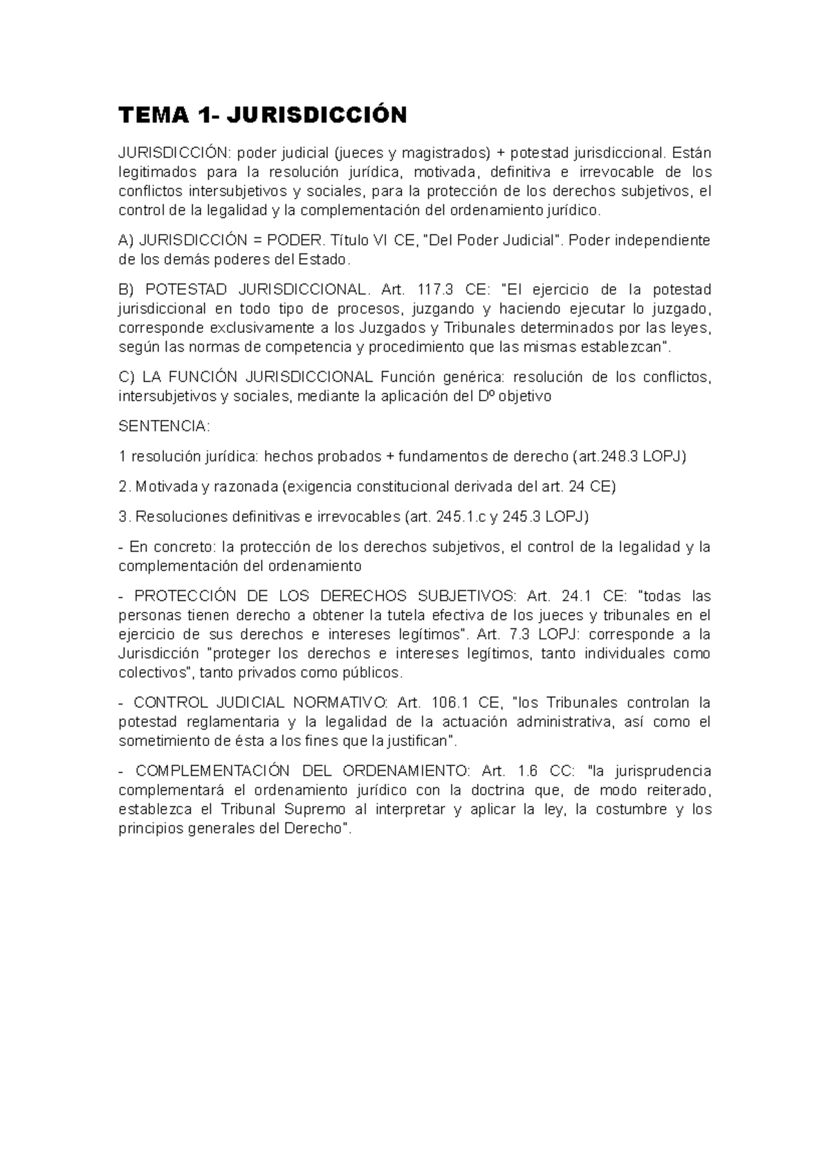 TEMA 1 D Procesal - TEMA 1- JURISDICCIÓN JURISDICCIÓN: Poder Judicial ...