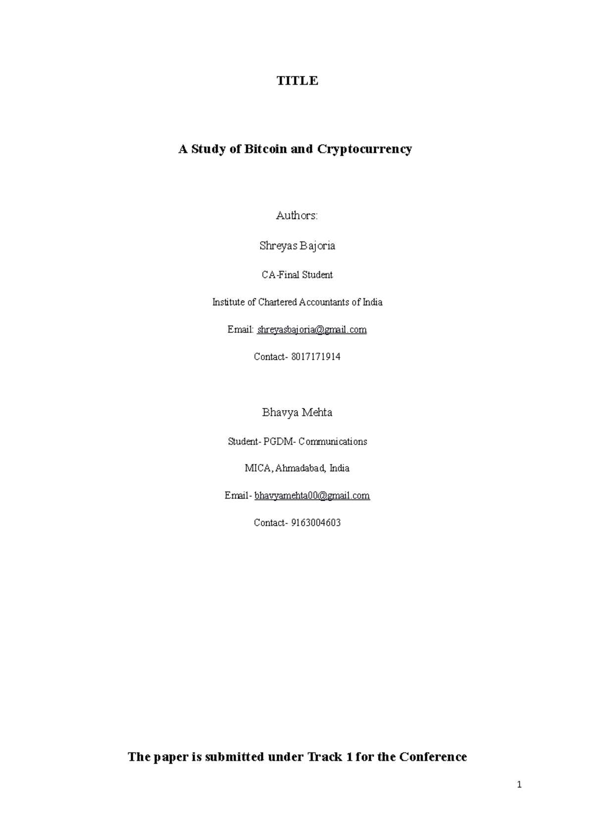 Study of Bitcoin and Cryptocurre - TITLE A Study of Bitcoin and ...