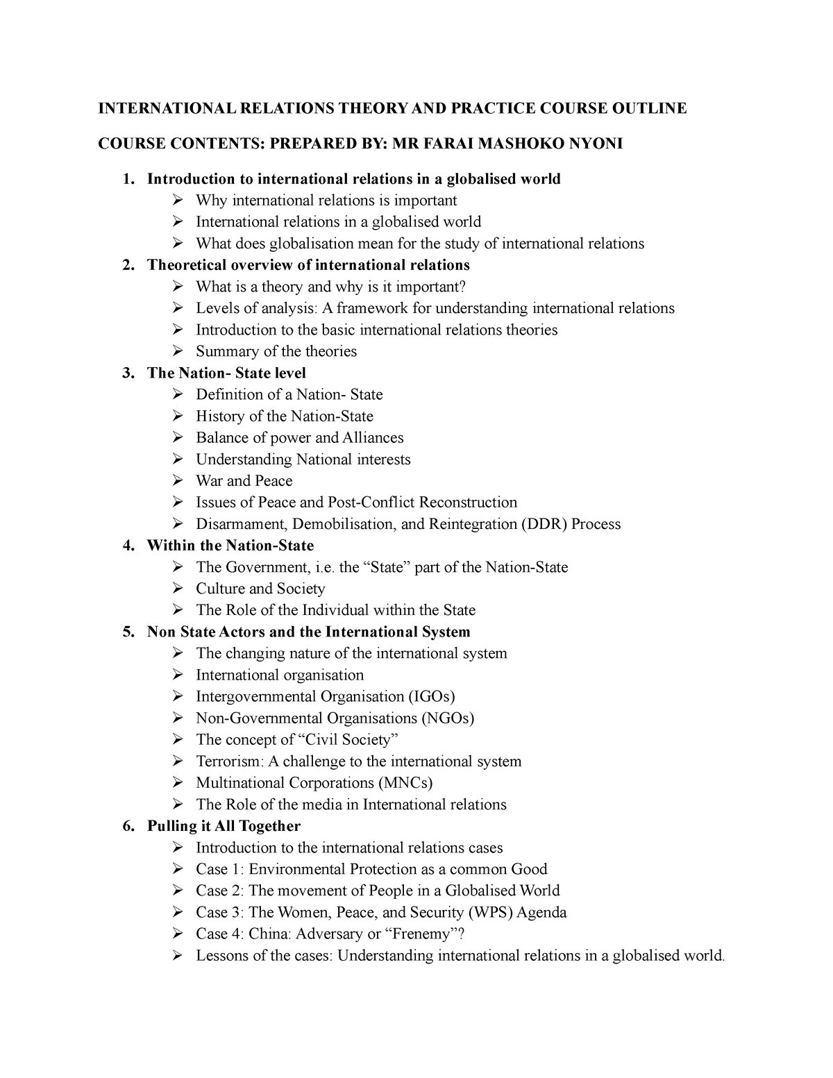 International Relations Theory AND Practice Course Outline 