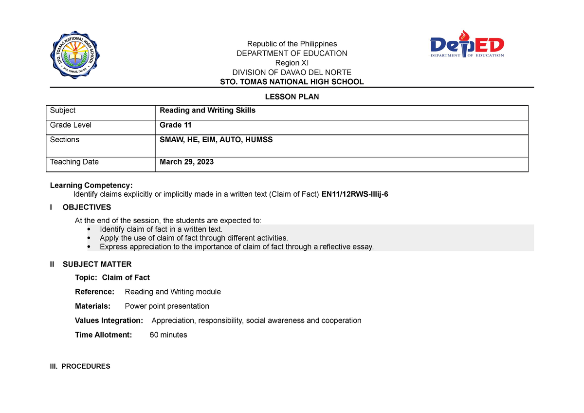 Reading and Writing Lesson Plan - Claim OF FACT - Republic of the ...