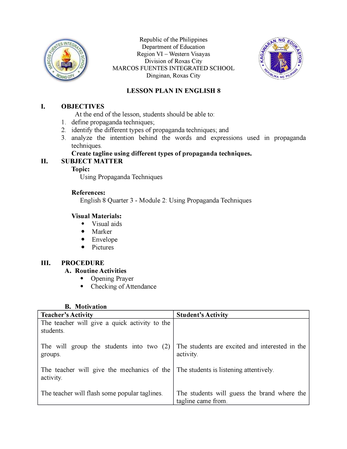 Lesson PLAN IN English 8 - Republic of the Philippines Department of ...