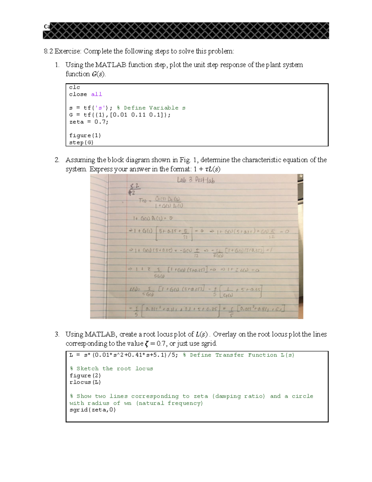 Lab3Post Lab - Ca 8 Exercise: Complete the following steps to solve ...