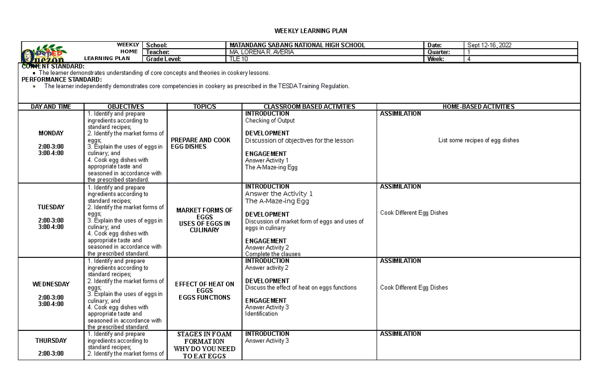 WHLP SEPT 12-16, 2022 - lesson - WEEKLY LEARNING PLAN WEEKLY HOME ...