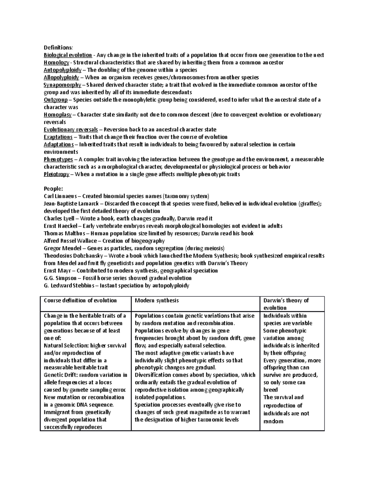 Midterm 1 Cheat Sheet - Definitions: Biological evolution - Any change ...