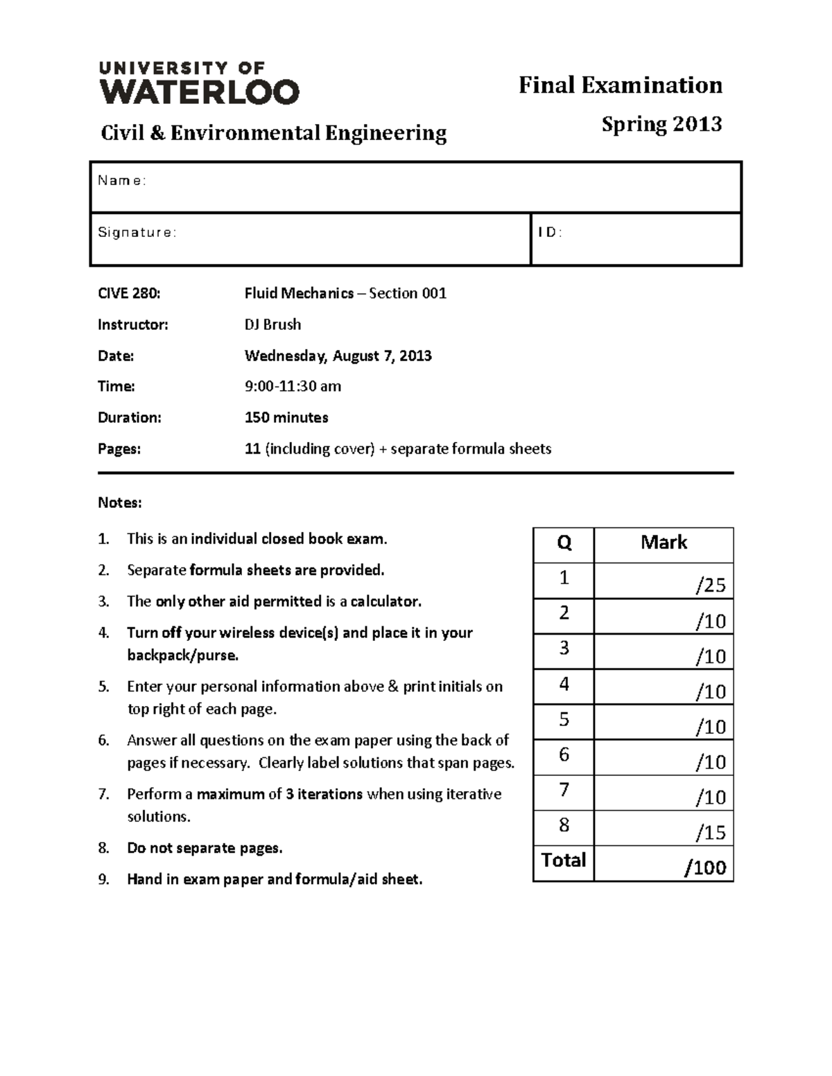 Exam 7 August 2013, Questions - Final Examination - Civil ...