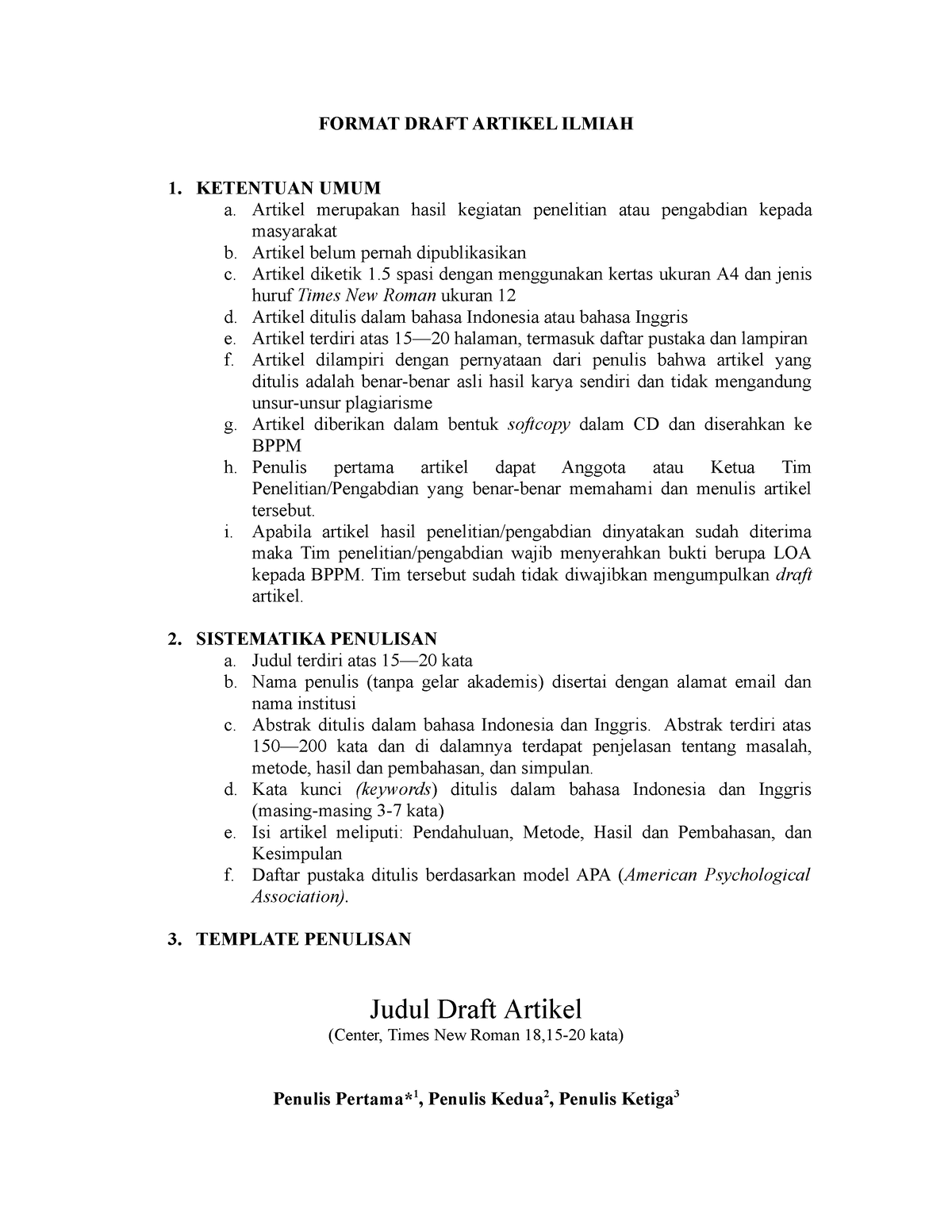 Panduan Penulisan Artikel Ilmiah - FORMAT DRAFT ARTIKEL ILMIAH 1 ...