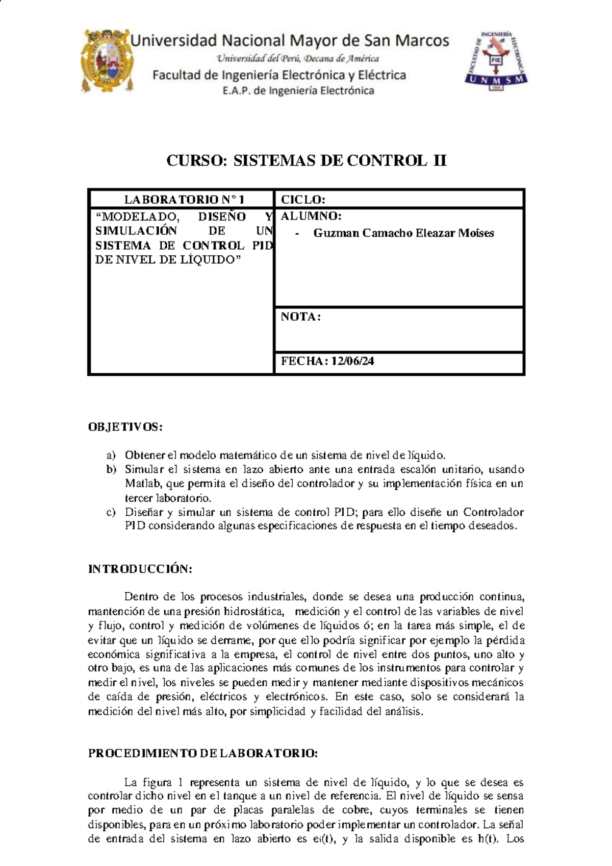 Lab1 Sist Cont II 2024 I - Laboratorio numero 1 de sistemas de control ...