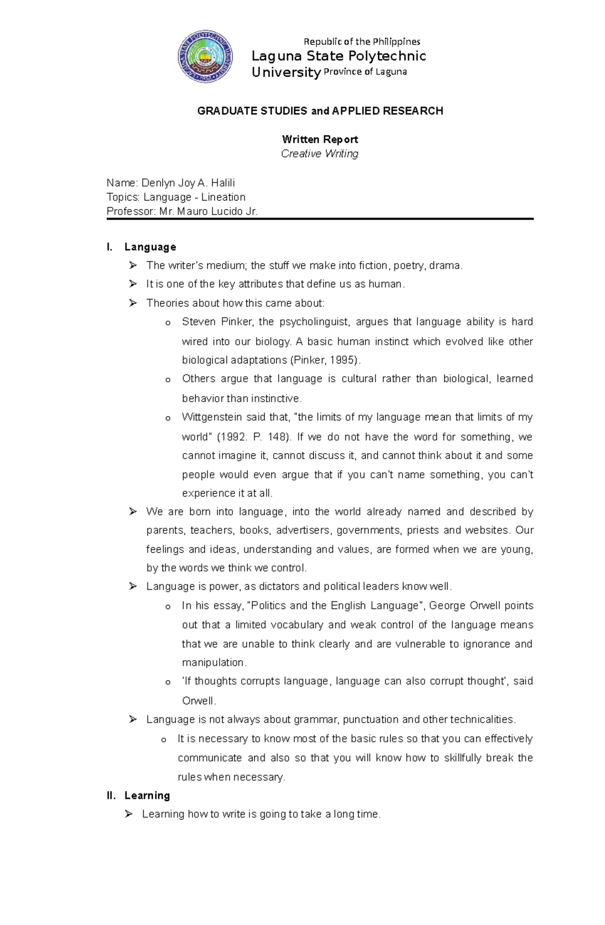 Written Report - Language to Llineation - Province of Laguna Laguna ...