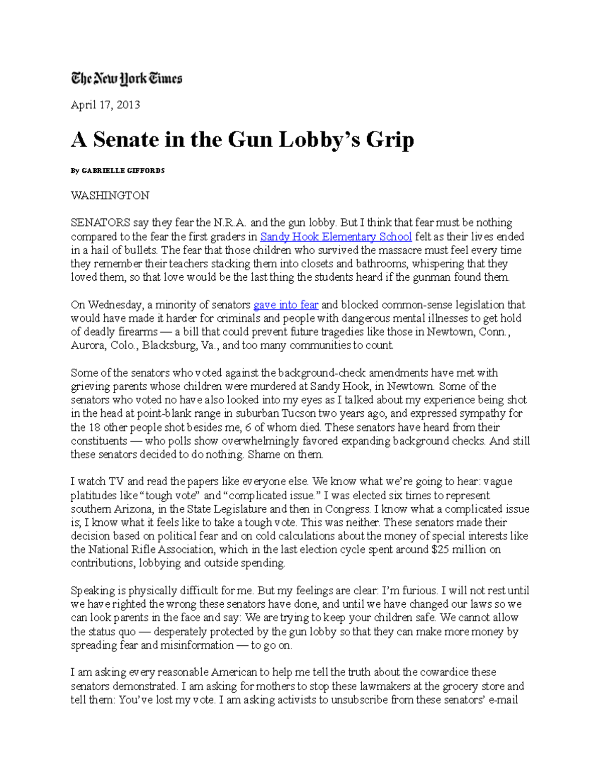 W3 Giffords gun ny times April 17, 2013 A Senate in the Gun Lobby’s