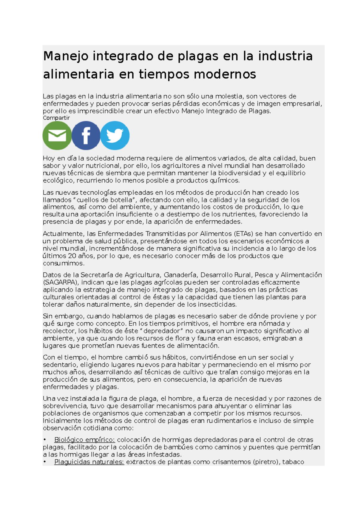 Manejo integrado de plagas en la industria alimentaria en tiempos ...