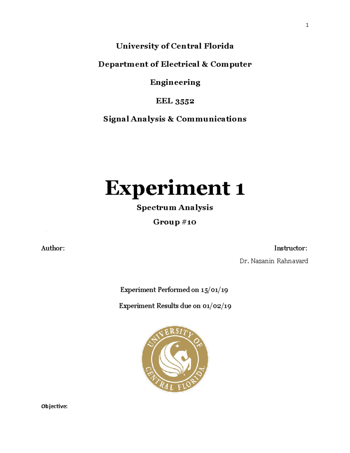 Spectrum Analysis Lab 1 1 University of Central Florida Department of