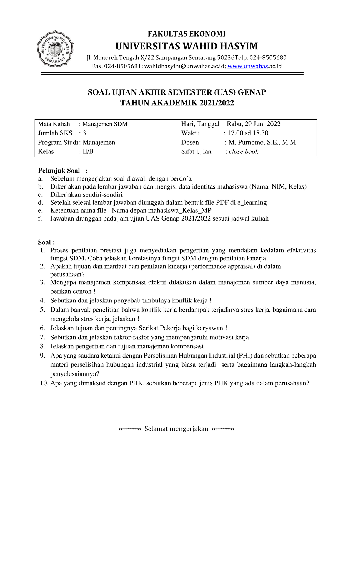 Soal UAS Genap MSDM II B - Soal Uas - FAKULTAS EKONOMI UNIVERSITAS ...