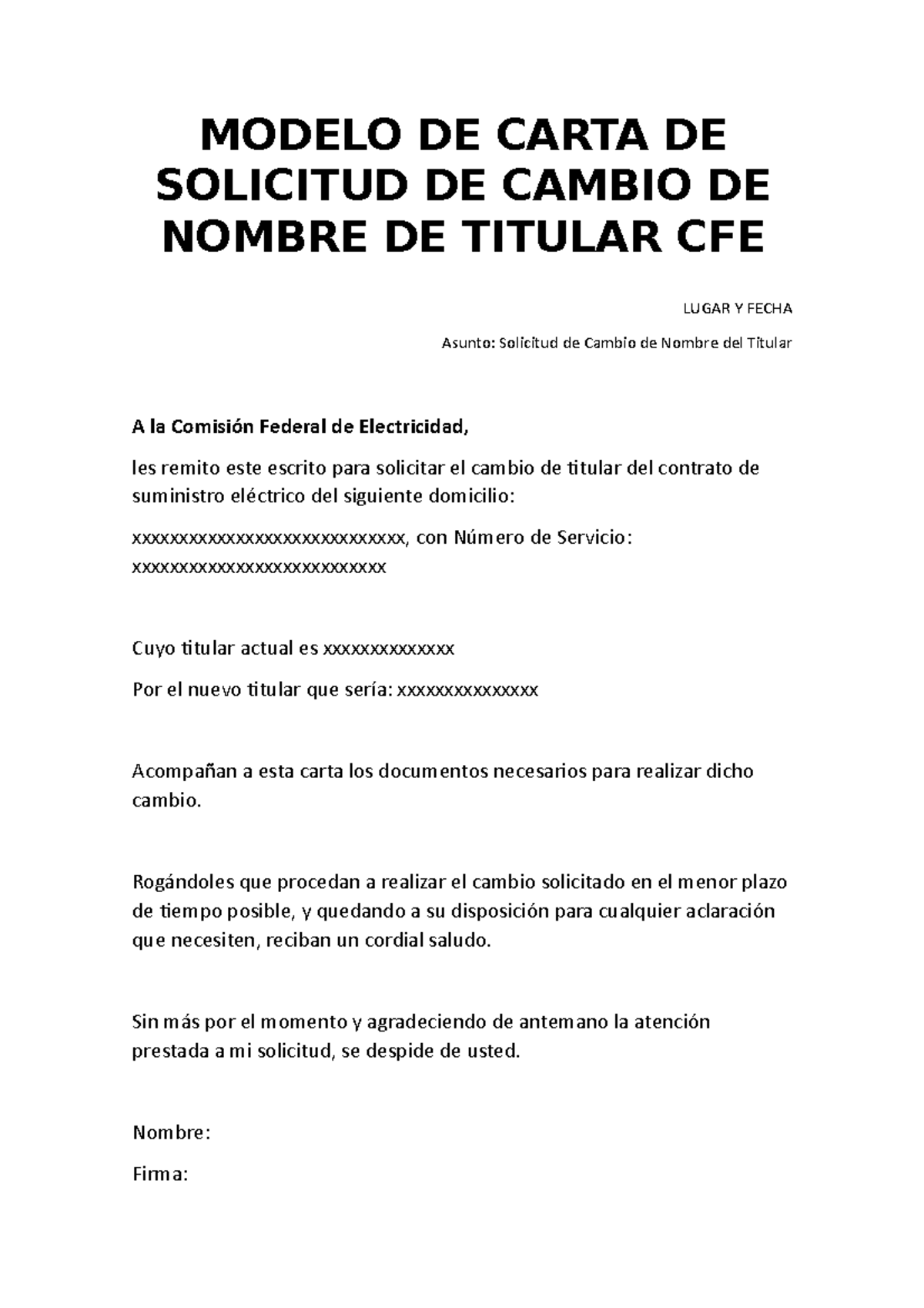 Introducir 92+ imagen modelo de carta para solicitar cambio de nombre cfe