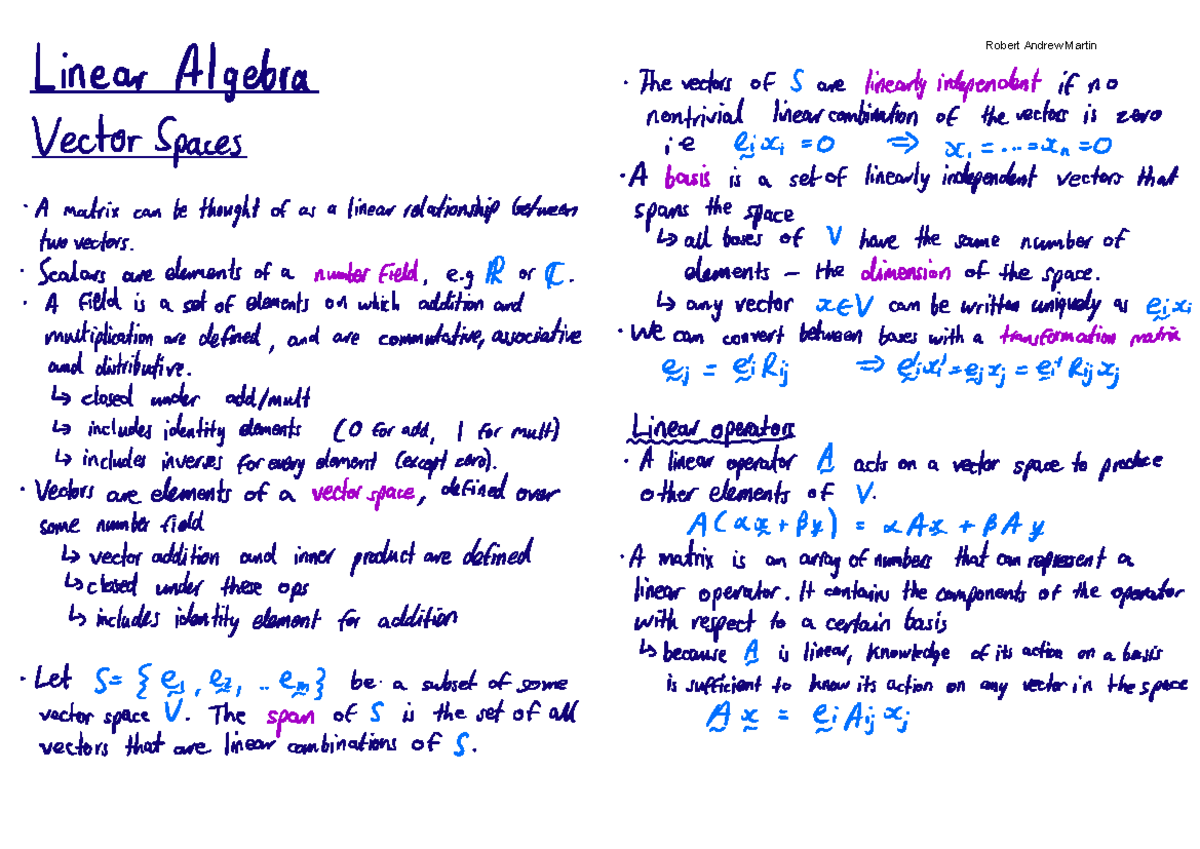1B linalg - Notes - Linear Algebra Vector Spaces A matrix can be ...