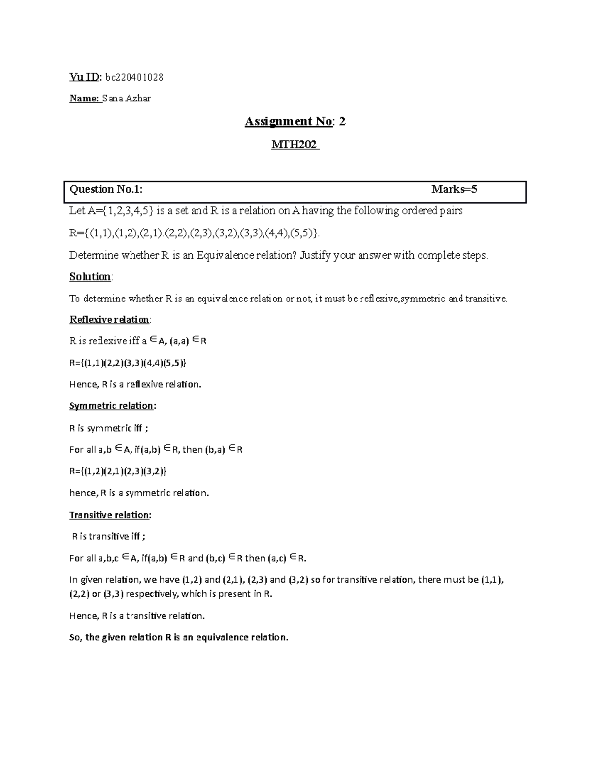 MTH202 Ass 2 Solution - Vu ID: Bc Name: Sana Azhar Assignment No: 2 MTH ...